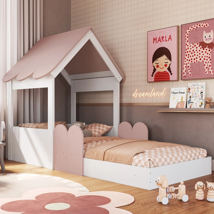Cama Solteiro Infantil Montessoriana Casinha Nana Branco/Rosa C06 - Mpozenato