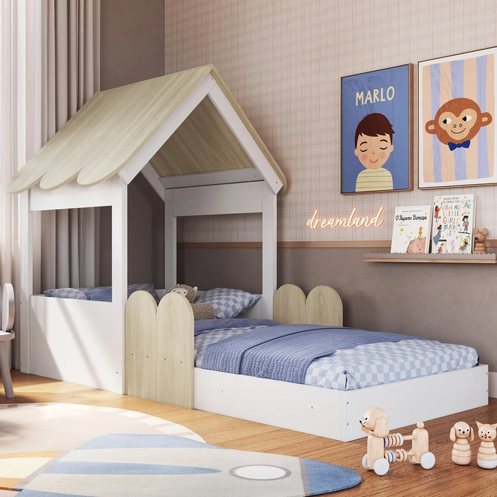 Cama Solteiro Infantil Montessoriana Casinha Nana Branco/Carvalho C06 - Mpozenato
