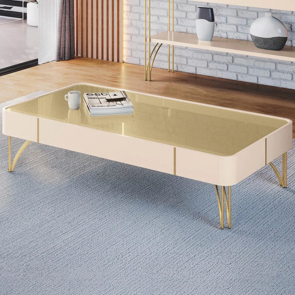 Mesa de Centro Para Sala Pés de Aço Alane Off/Champanhe H01 - Mpozenato