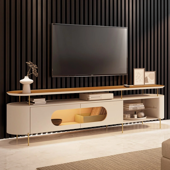 Rack TV 85 Pol 220cm 2 Portas Com LED Dalya Off/Cinamomo H01 - Mpozenato