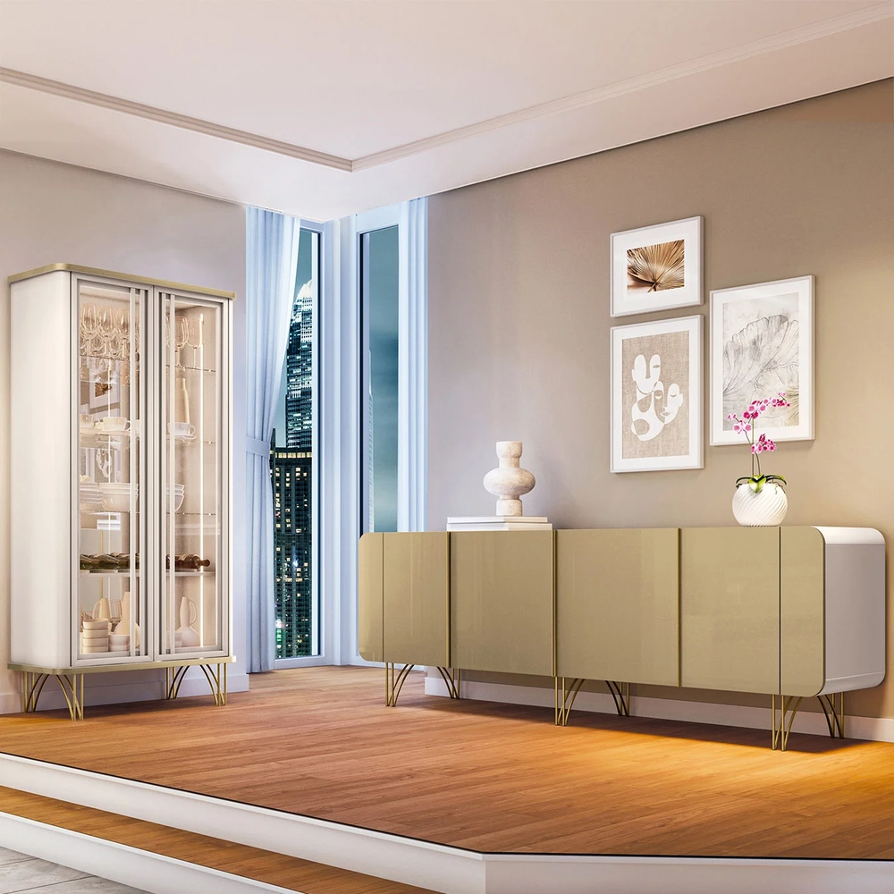 Balcão Buffet Piacente Com Cristaleira Alvora Off/Champanhe H01 - Mpozenato