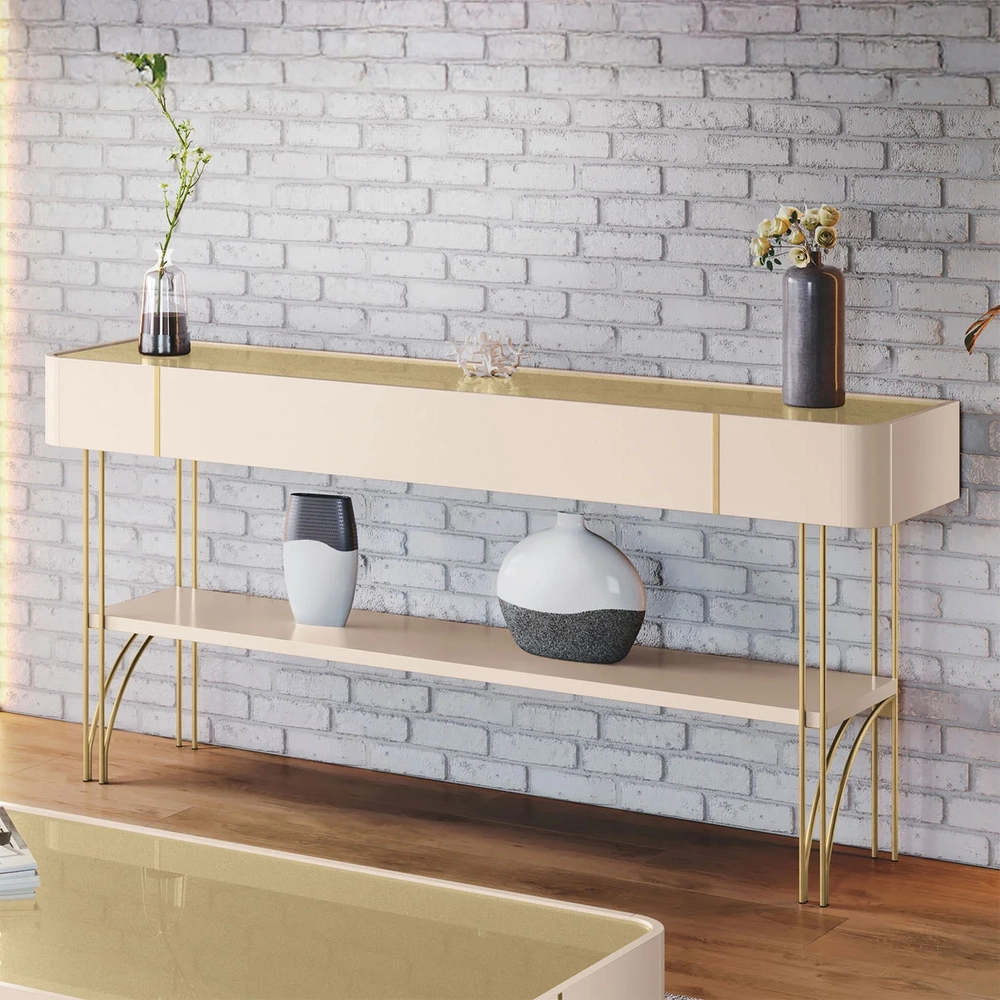 Aparador Para Sala de Estar Pés de Aço Vivant Off/Champanhe - HB Móveis