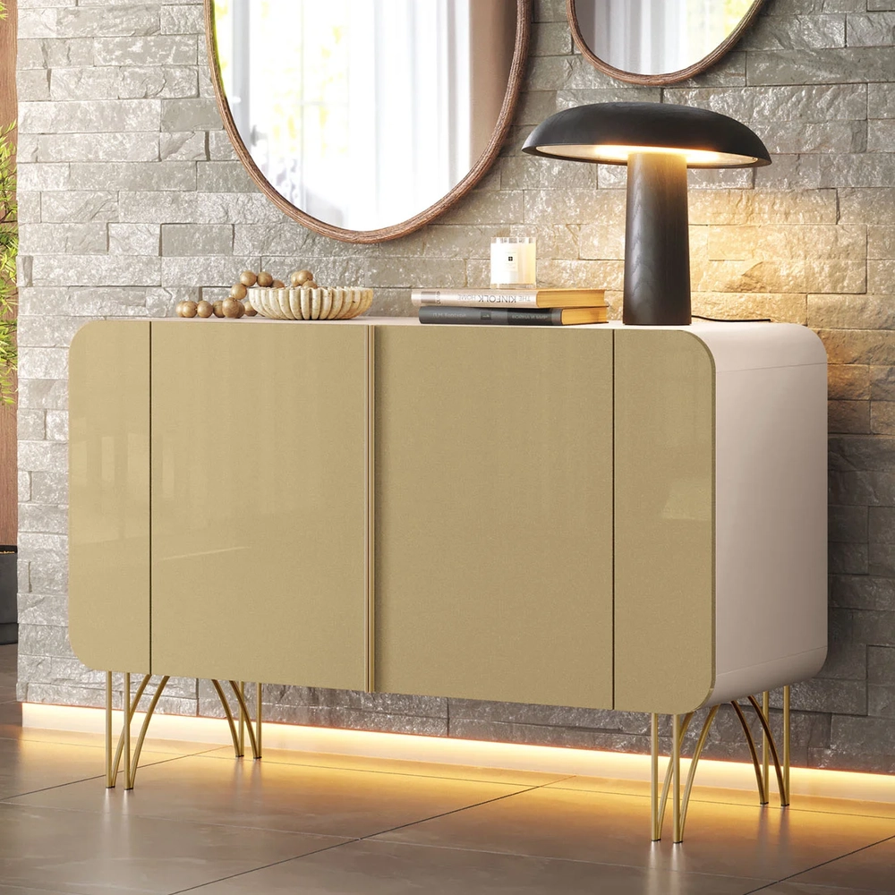 Balcão Aparador Buffet 2 Portas Pé Metal Benvenuto Off/Champanhe - HB Móveis