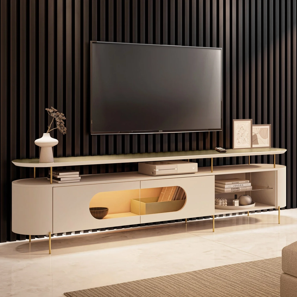 Rack TV 85 Pol 220cm 2 Portas Com LED Ária Off/Champanhe - HB Móveis