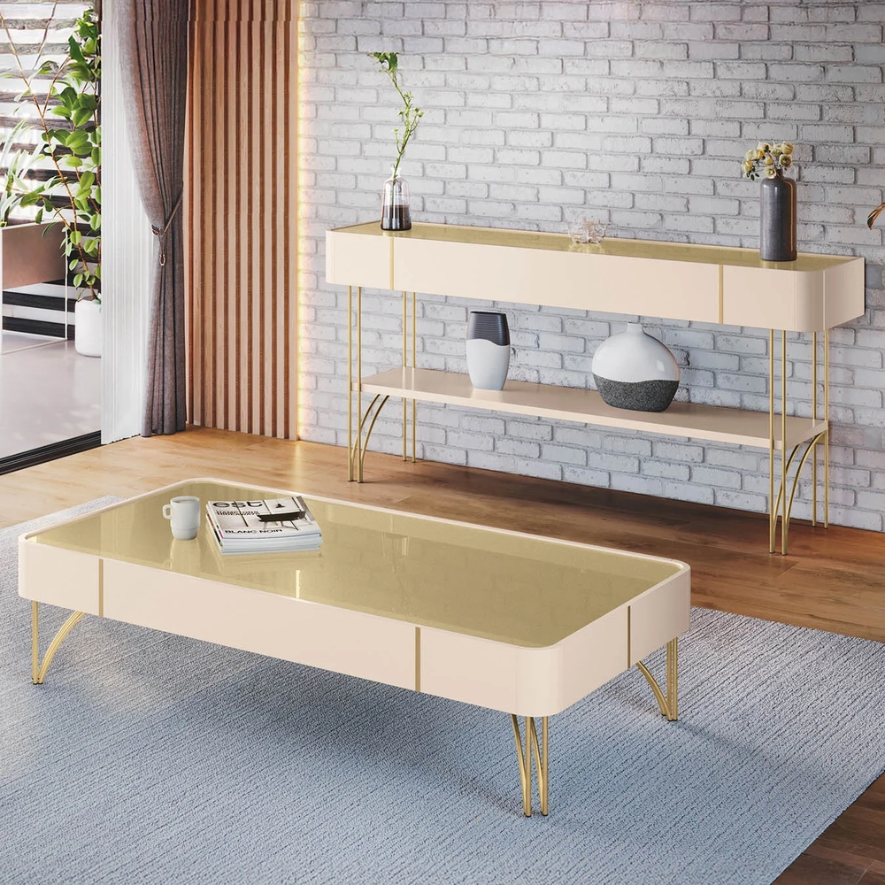 Aparador de Sala Vivant e Mesa Cadenza Off/Champanhe - HB Móveis