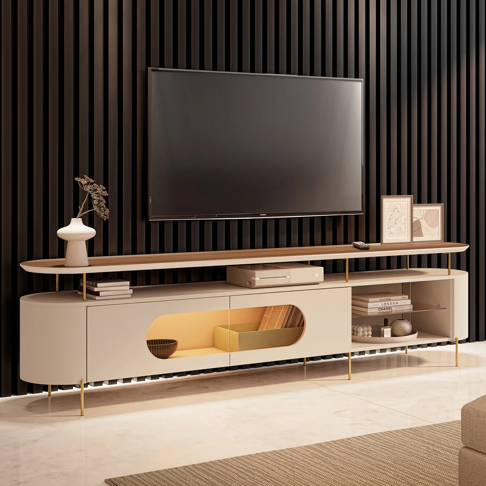 Rack TV 85 Pol 220cm 2 Portas Com LED Ária Off/Castanho - HB Móveis