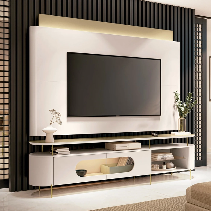 Painel TV 85 Pol Nobre e Rack Bancada Ária Off/Champanhe - HB Móveis