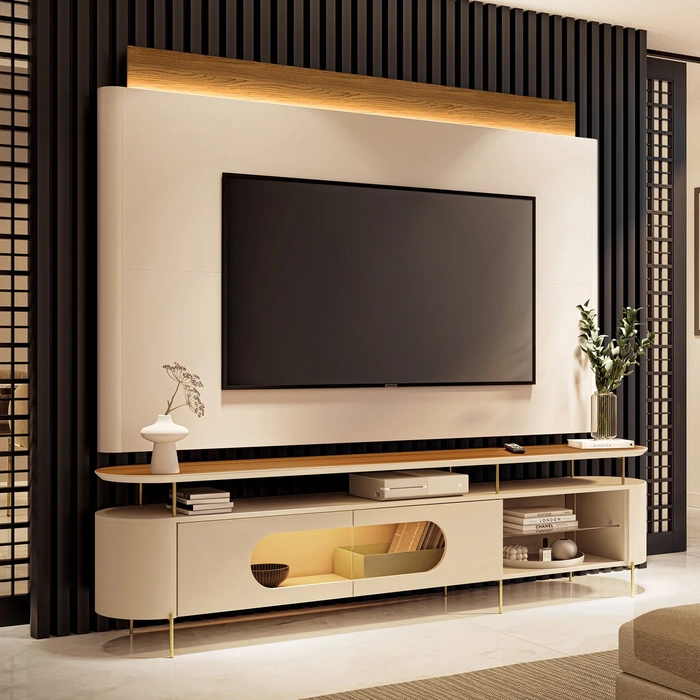 Painel TV 85 Pol Nobre e Rack Bancada Ária Off/Cinamomo - HB Móveis