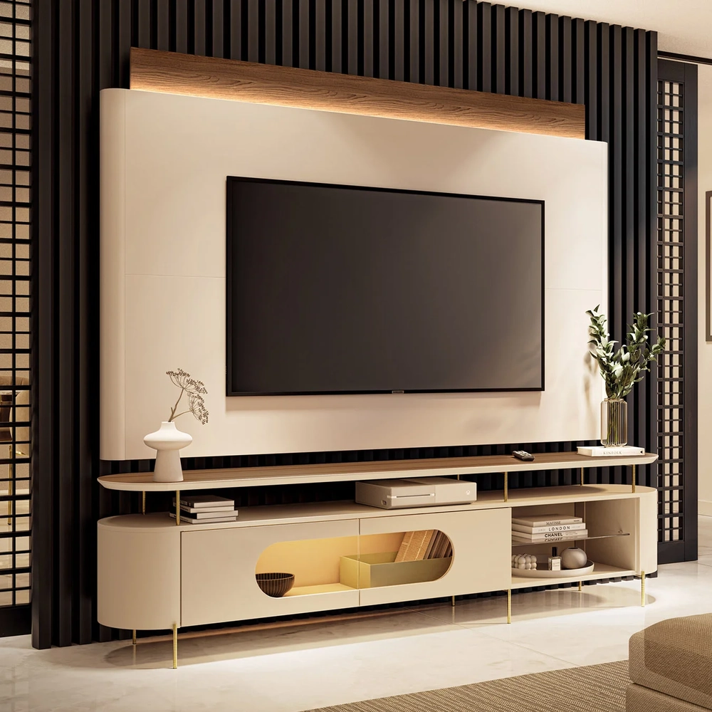 Painel TV 85 Pol Nobre e Rack Bancada Ária Off/Castanho - HB Móveis