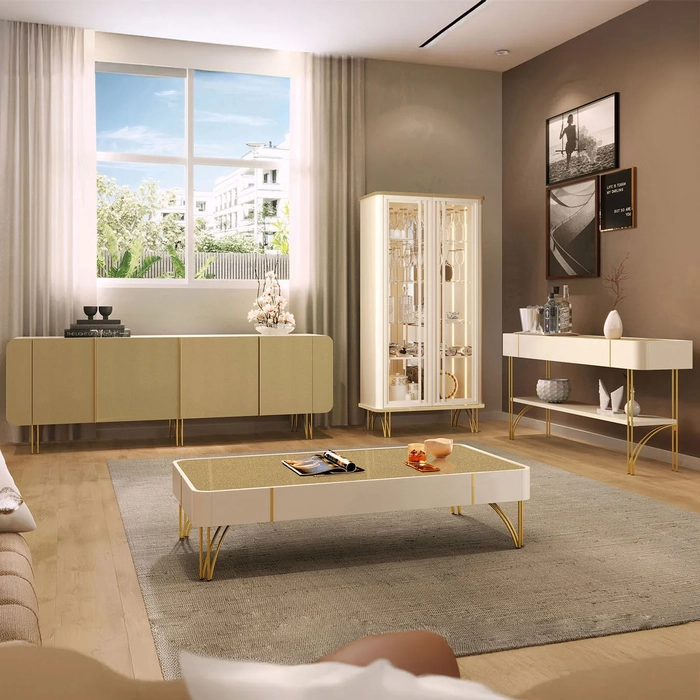 Buffet Aparador Cristaleira e Mesa Centro Ester Off/Champanhe - HB Móveis