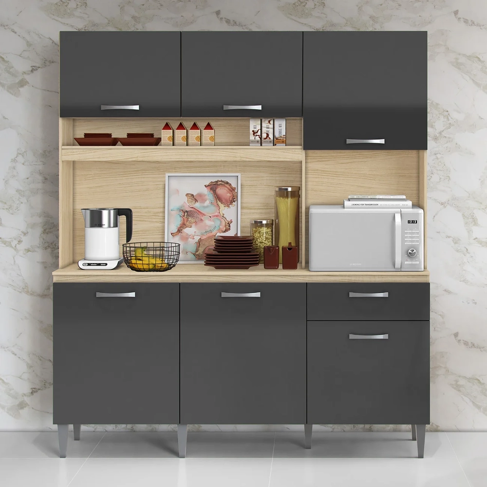 Armário de Cozinha Compacta 160cm Sovira Avena/Grafite A15 - Mpozenato 