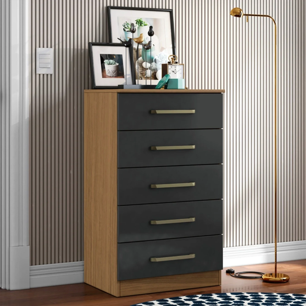 Cômoda Quarto Solteiro 61cm 5 Gavetas Velma Atacama/Grafite A15 - Mpozenato 