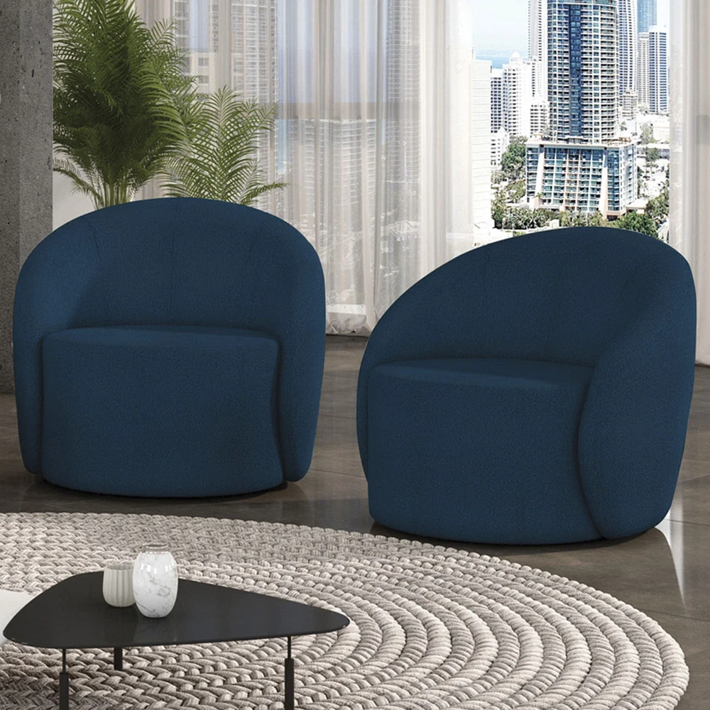 Poltrona Sala Decorativa Redonda Kit 2 Steve Boucle Azul I01  - Mpozenato
