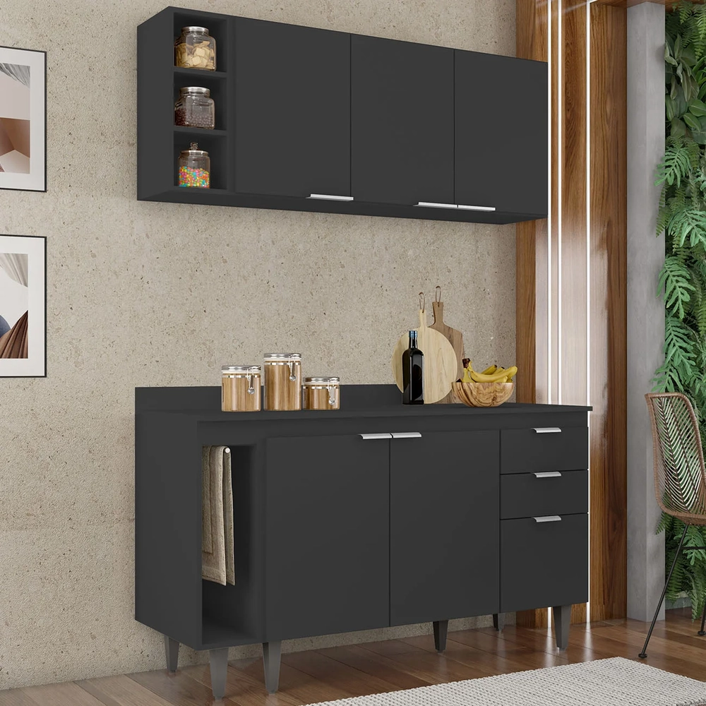 Armário de Cozinha CP12 e Tampo 118cm Pérola M24 Preto      - Mpozenato