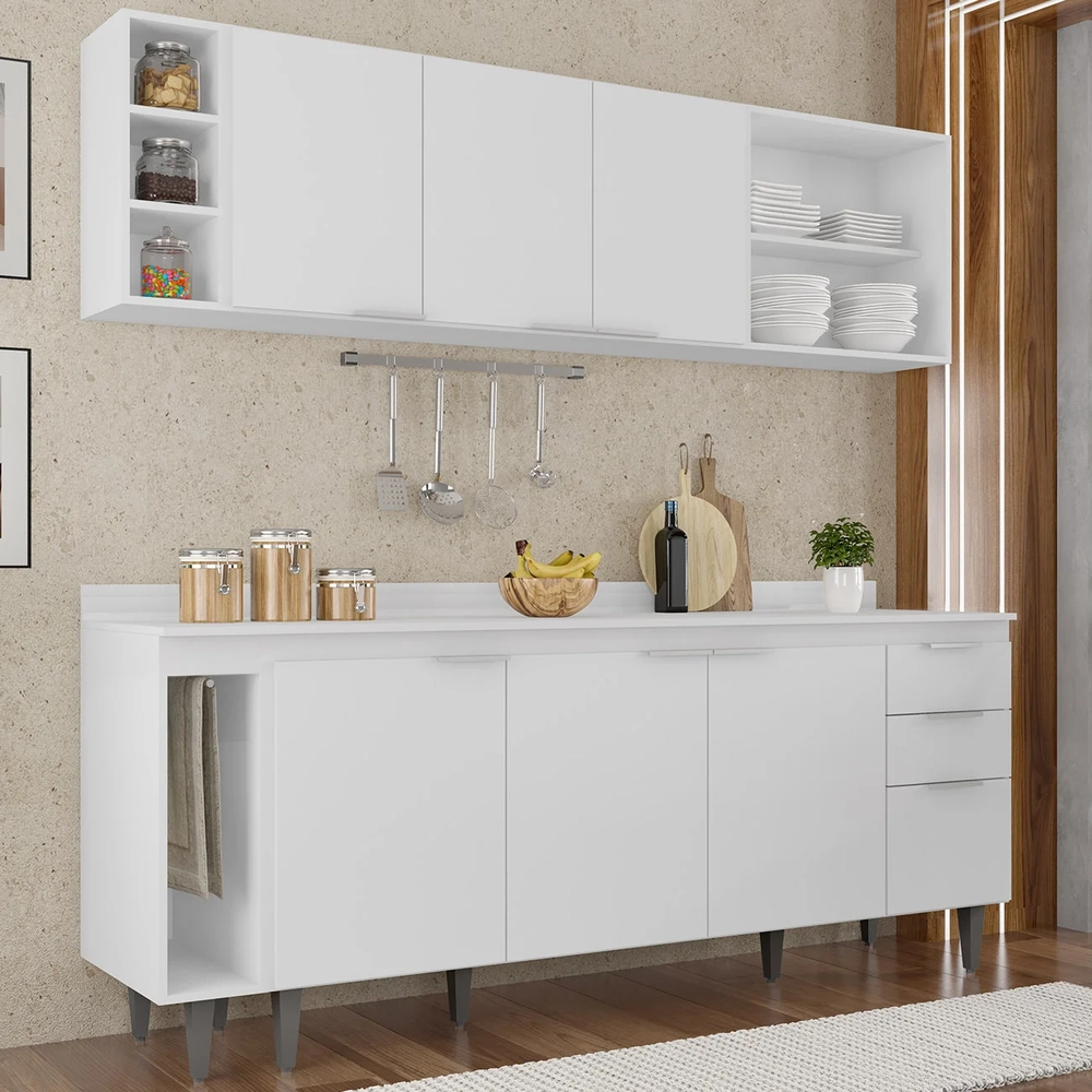 Armário de Cozinha CP13 e Tampo 200cm Pérola M24 Branco     - Mpozenato