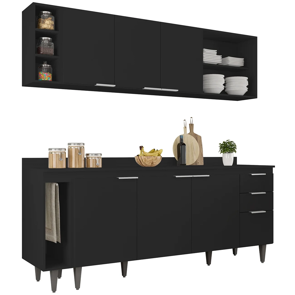 Armário de Cozinha CP13 e Tampo 200cm Pérola M24 Preto      - Mpozenato