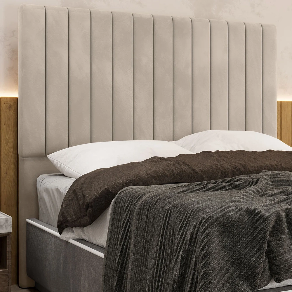 Cabeceira Cama Box Casal 140cm Estofada Plutus Veludo Bege Z04 - Mpozenato 
