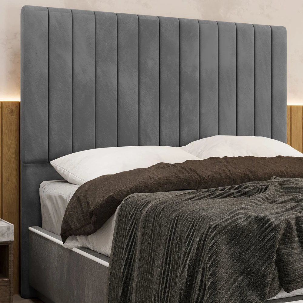 Cabeceira Cama Box King 193cm Estofada Plutus Veludo Cinza Z04 - Mpozenato 