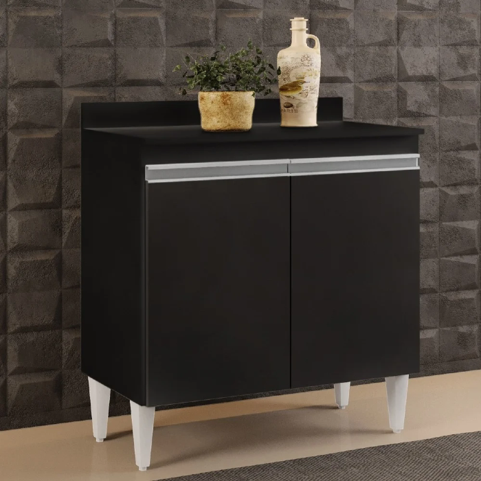 Balcão Gabinete 80cm 2 Portas Hawai Preto - Lumil Móveis