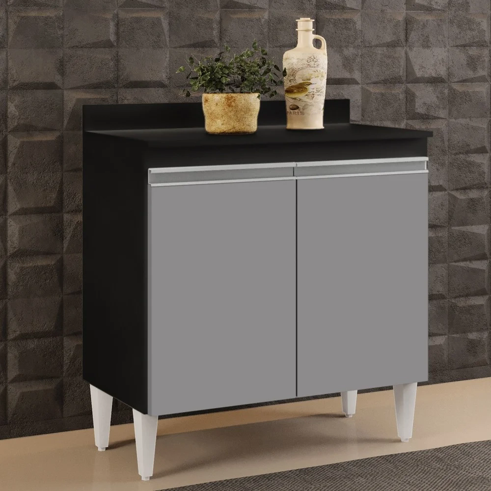 Balcão Gabinete 80cm 2 Portas Hawai Preto/Cinza - Lumil Móveis