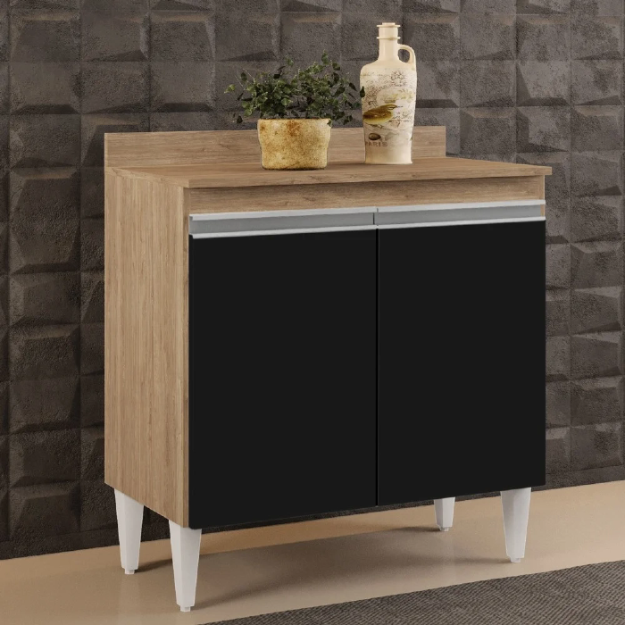 Balcão Gabinete 80cm 2 Portas Hawai Castanho/Preto - Lumil Móveis