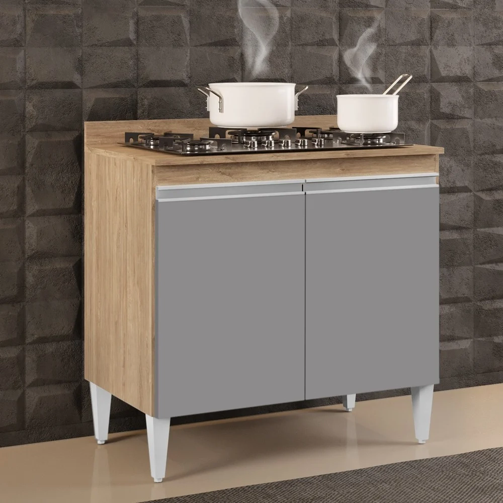Balcão para Cooktop 80cm 2 Portas Flórida Castanho/Cinza - Lumil Móveis