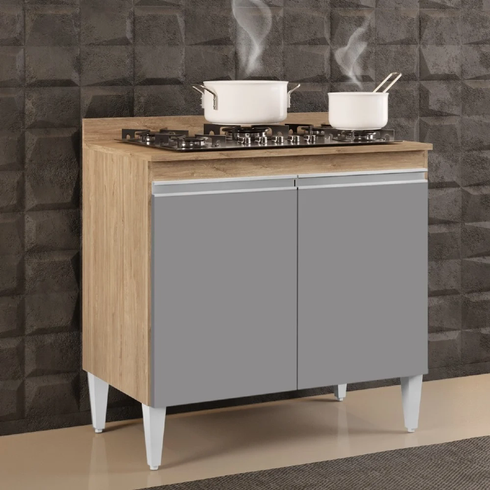 Balcão para Cooktop 80cm 2 Portas Flórida Castanho/Cinza - Lumil Móveis