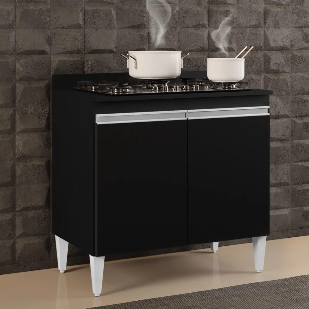 Balcão para Cooktop 80cm 2 Portas Flórida Preto - Lumil Móveis