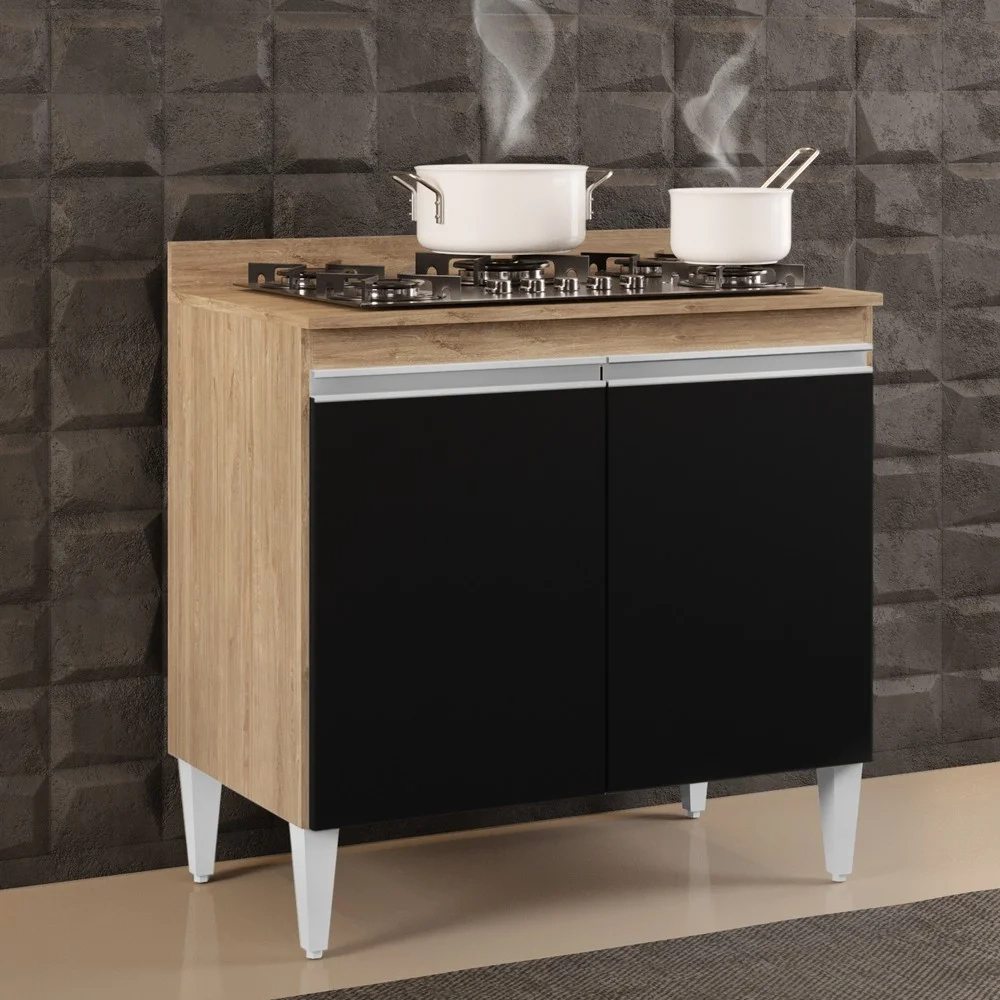 Balcão para Cooktop 80cm 2 Portas Flórida Castanho/Preto - Lumil Móveis