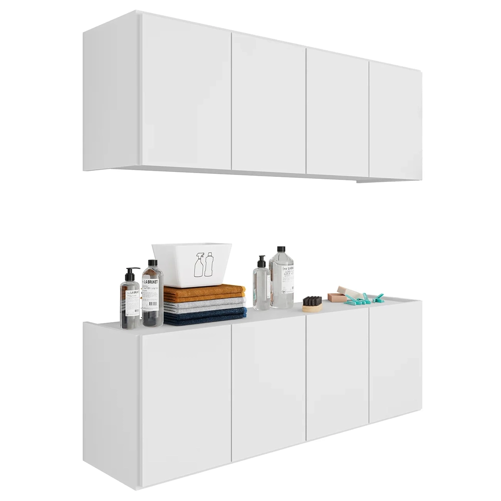 Armário Aéreo e Balcão Para Lavanderia 118cm Monna Branco Z34 - Mpozenato
