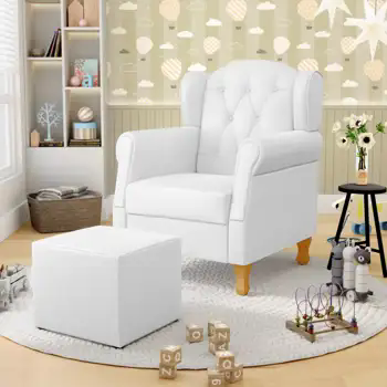 Poltrona de Amamentação Pés Madeira e Puff Lucy Z39  Sintético Branco - Mpozenato