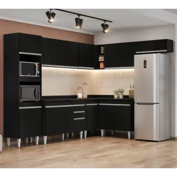 Armário de Cozinha Modulada de Canto 8 Peças CP02 Balcão com Tampo Preto - Lumil