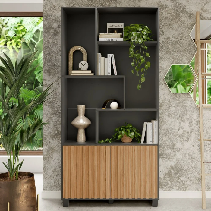 Estante Livreiro 2 Portas Ripadas Nessie D01 Preto Fosco/Freijó - Mpozenato