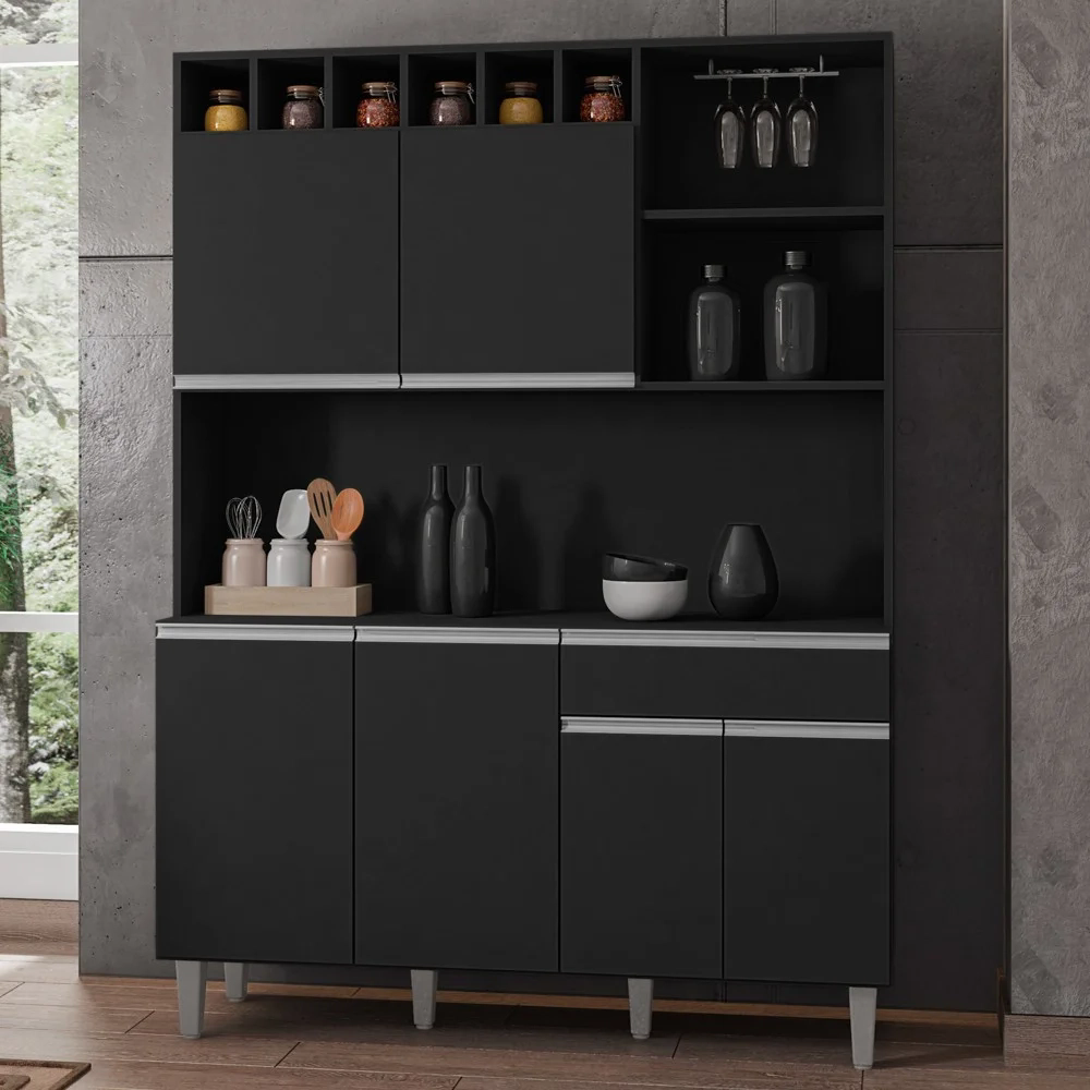 Kit Cozinha Compacta 130cm Com 6 Portas 1 Gaveta  Alice Preto Fosco - AJL Móveis