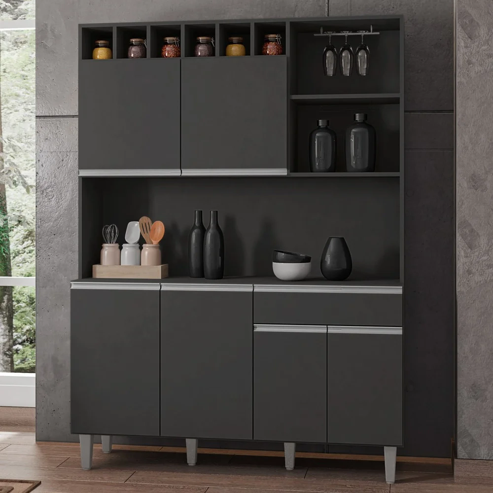 Kit Cozinha Compacta 130cm Com 6 Portas 1 Gaveta  Alice Cinza Escuro - AJL Móveis