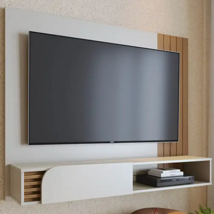 Painel para TV 55 Pol com Bancada Madrid C05 Off White Matte/Freijó - Mpozenato