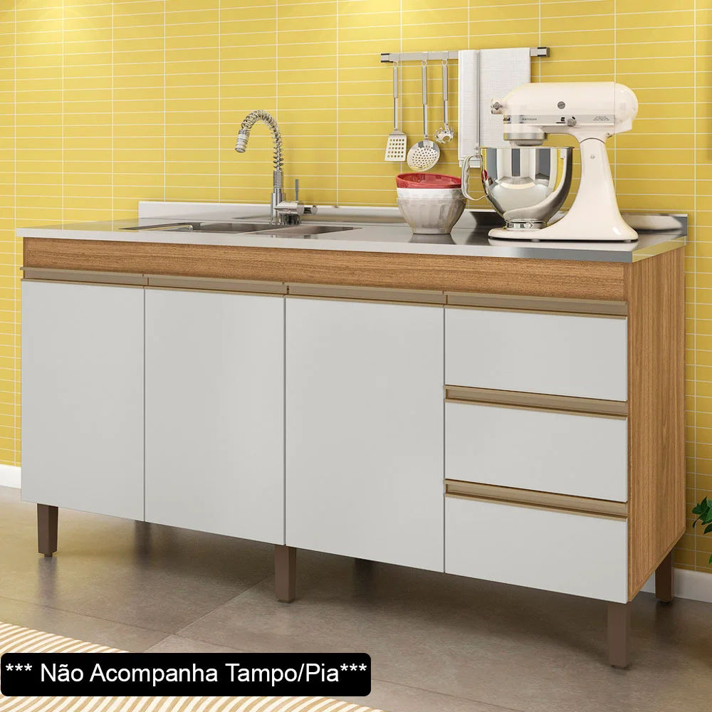 Balcão Gabinete Para Pia 160cm Sem Tampo 3 Portas Karen Z49 Nature/Off White - Mpozenato