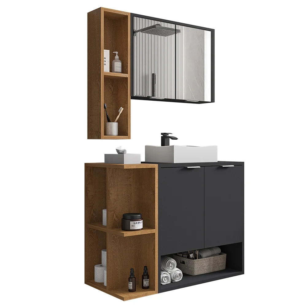 Gabinete de Banheiro com Cuba e Espelheira Lizzi B02 Preto Fosco/Naturalle - Mpozenato