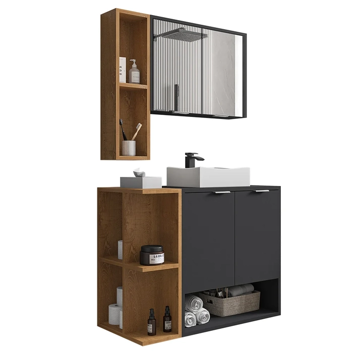 Gabinete de Banheiro com Cuba e Espelheira Lizzi B02 Preto Fosco/Naturalle - Mpozenato