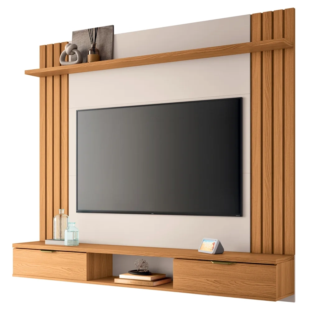 Painel Para TV 70 Pol 180cm Ripado 2 Portas Solle H01 Off White/Cinamomo - Mpozenato