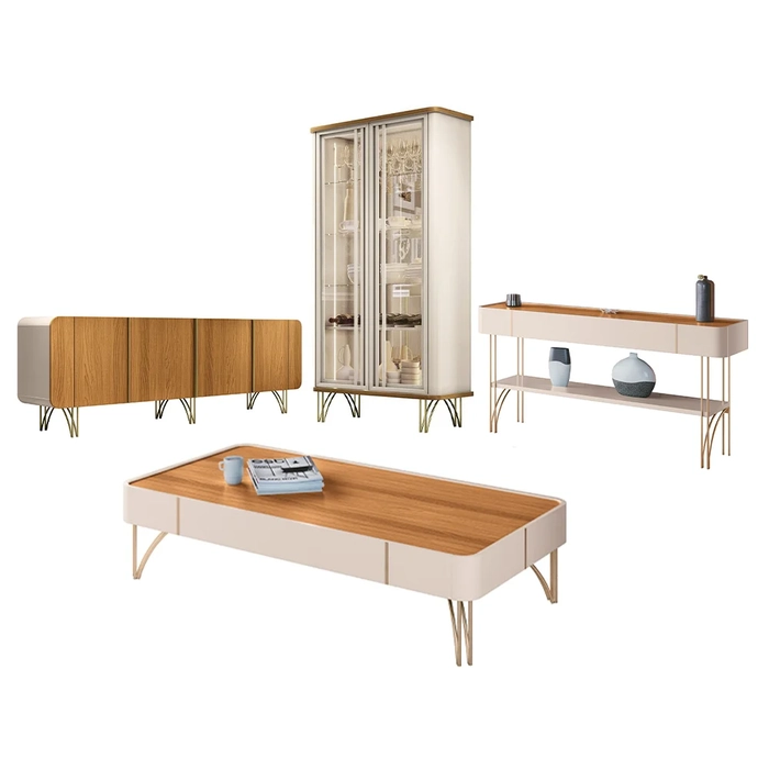 Conjunto Sala de Estar com Cristaleira Agnes H01 Off White/Cinamomo - Mpozenato