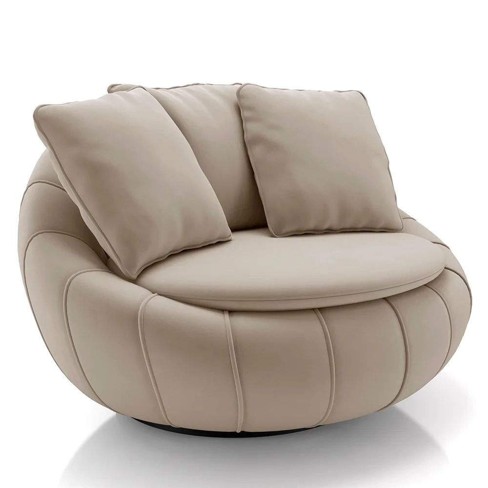 Poltrona Decorativa Redonda Giratória com Almofadas Saphire Z32 Veludo Bege - Mpozenato