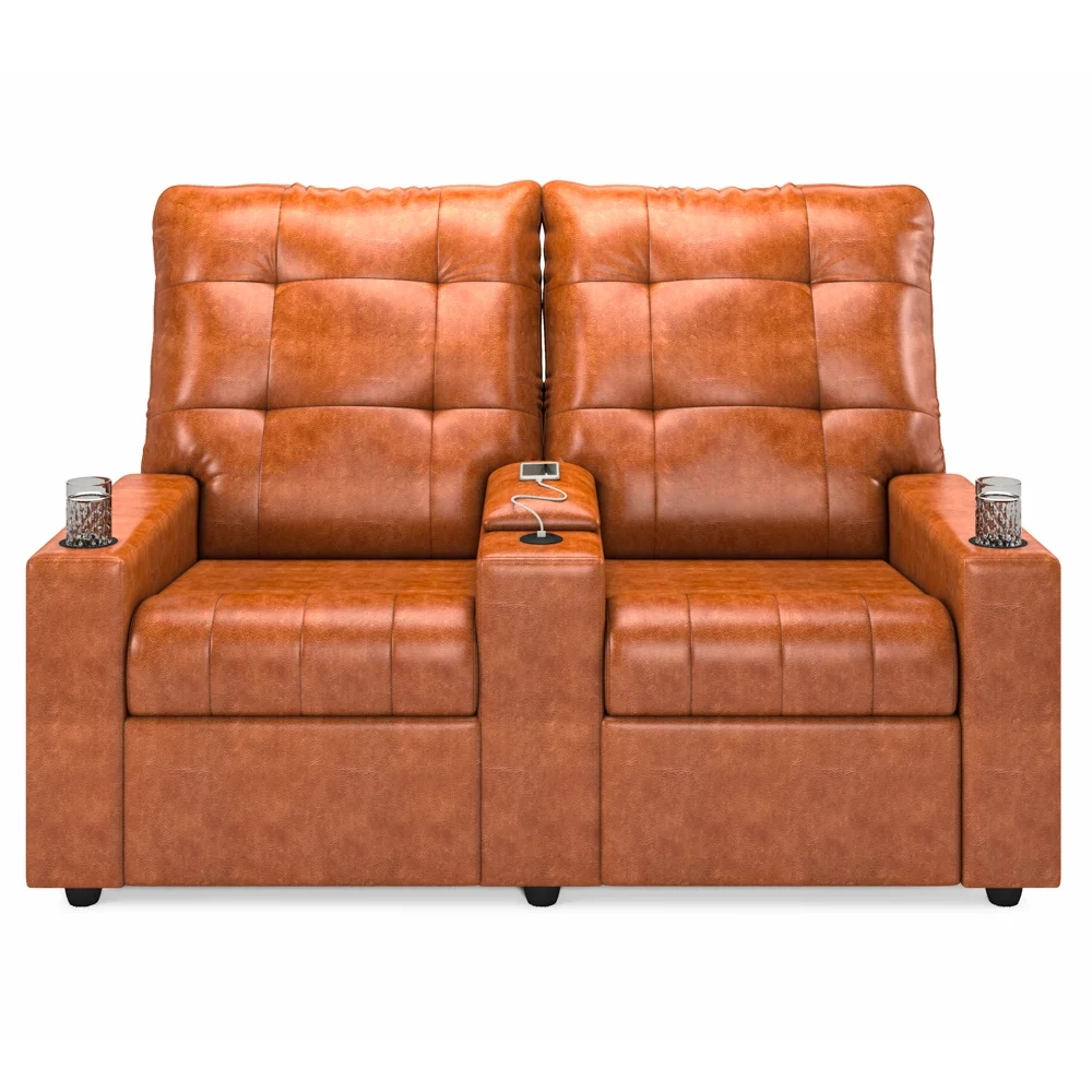 Poltrona de Cinema Reclinável 2 Lugares Baú USB Mallie FH9 PU Caramelo Brilho - Mpozenato