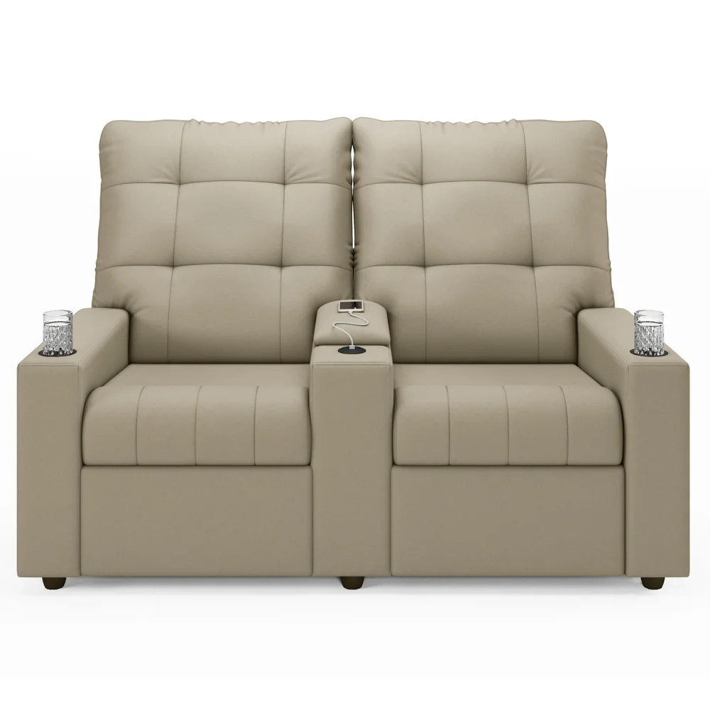 Poltrona de Cinema Reclinável 2 Lugares Baú USB Mallie FH9 Veludo Bege - Mpozenato