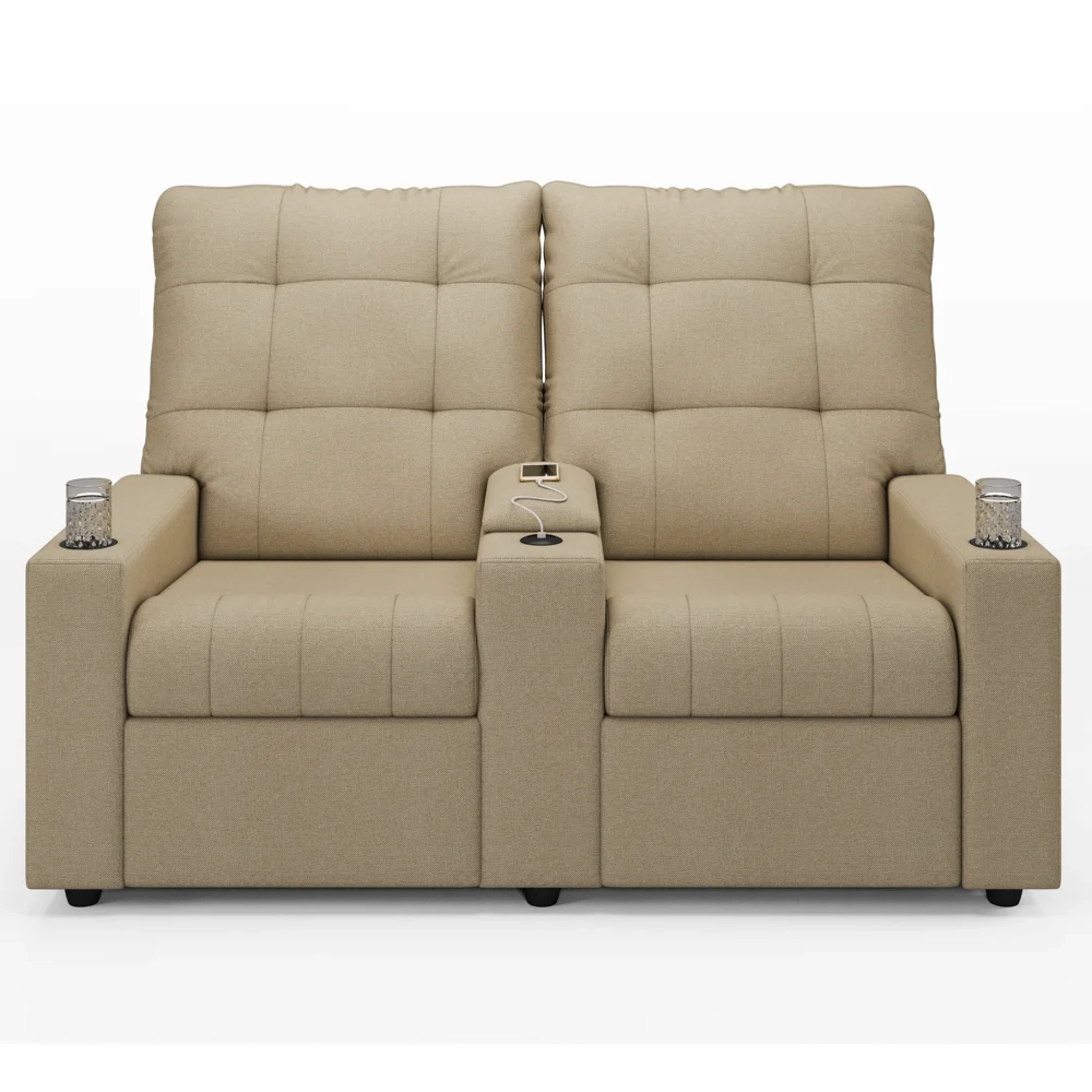 Poltrona de Cinema Reclinável 2 Lugares Baú USB Mallie FH9 Linho Bege - Mpozenato