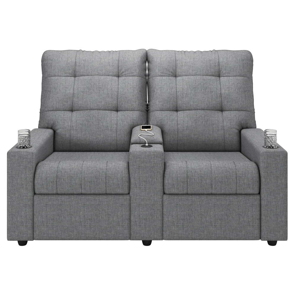 Poltrona de Cinema Reclinável 2 Lugares Baú USB Mallie FH9 Linho Cinza - Mpozenato
