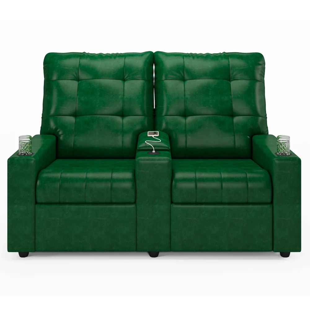 Poltrona de Cinema Reclinável 2 Lugares Baú USB Mallie FH9 PU Verde Musgo - Mpozenato