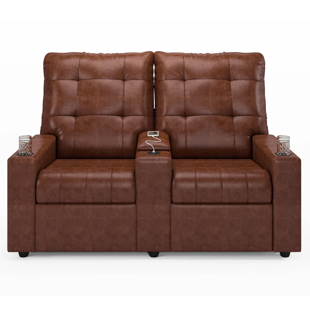 Poltrona de Cinema Reclinável 2 Lugares Baú USB Mallie FH9 PU Marrom Brilho - Mpozenato