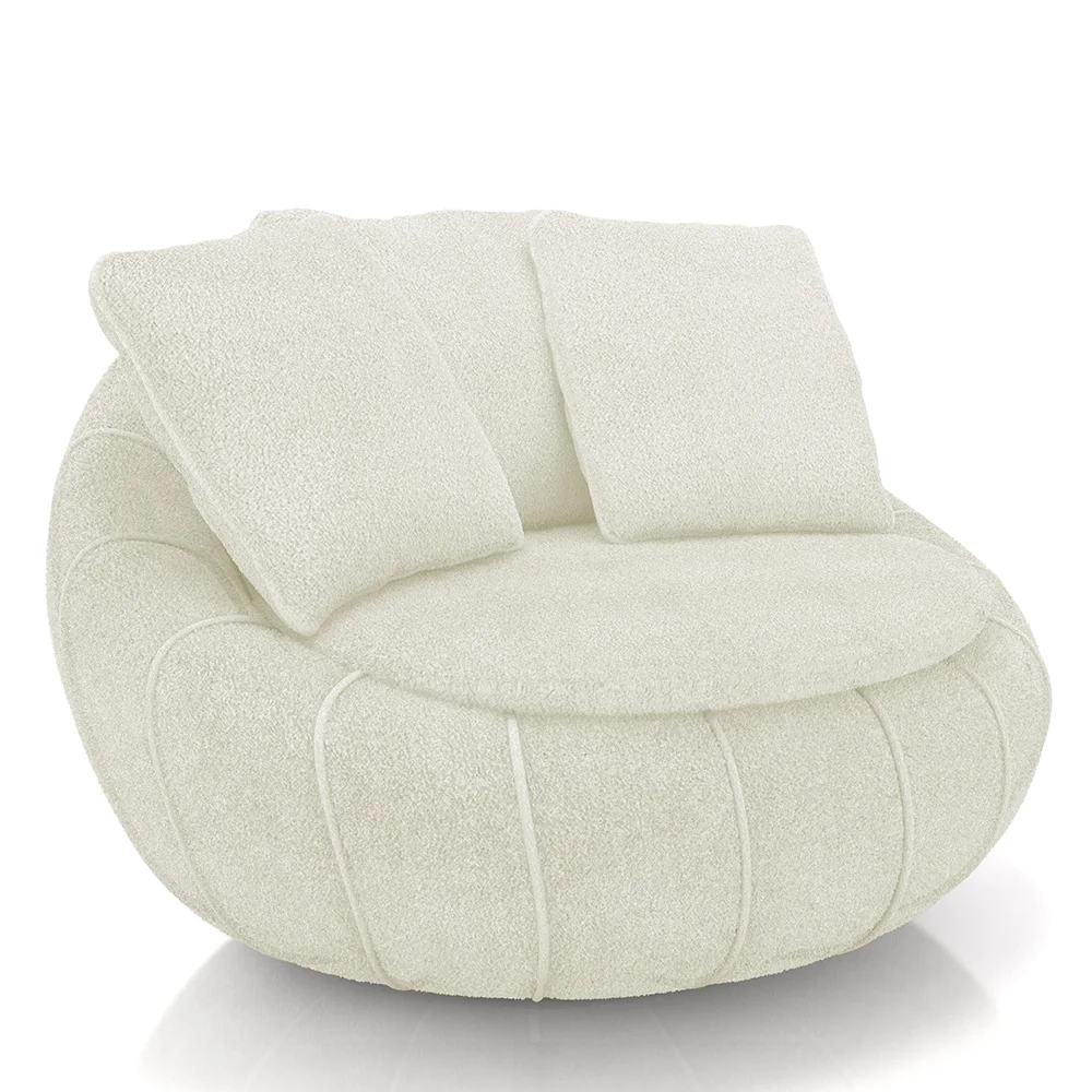 Poltrona Decorativa Redonda Giratória com Almofadas Saphire Z32 Boucle Cru - Mpozenato