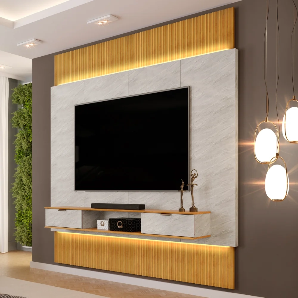 Painel Para TV 85 Pol Canelado Extensível Piso ao Teto D04 Quartzo/Cedro - Mpozenato